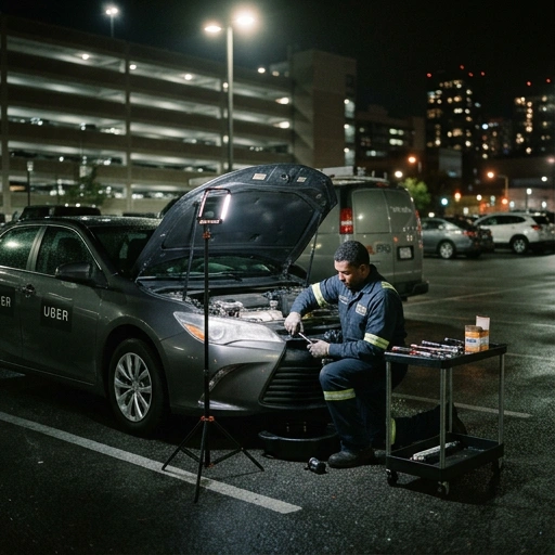 Oil Pro mechanic servicing Uber car at night in Auckland