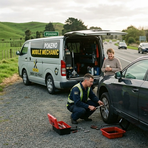 Mobile mechanic contact phone number displayed on a vehicle dashboard in a Pokeno home driveway