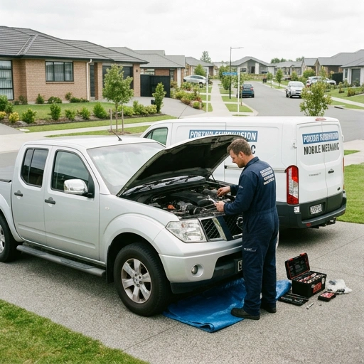 Mobile mechanic working on car parked in driveway of a new Pokeno subdivision home