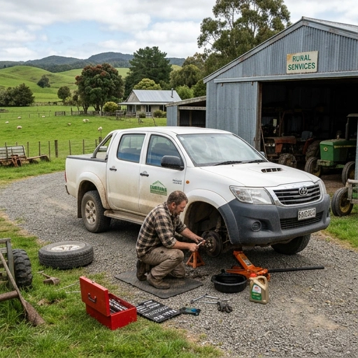 Vehicle being serviced on a rural lifestyle block driveway in Ramarama