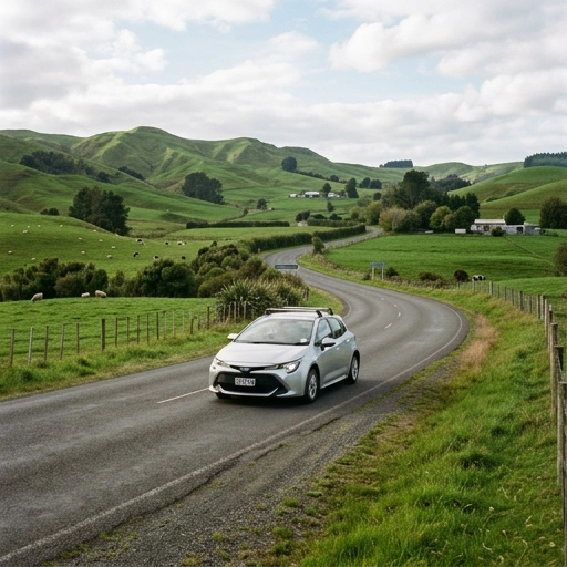 Ute driving on a rural road near Tuakau with farmland and trees