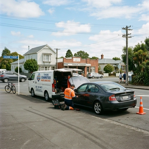 Small car parked on a quiet Tuakau residential street with Waikato River bridge visible in the distance