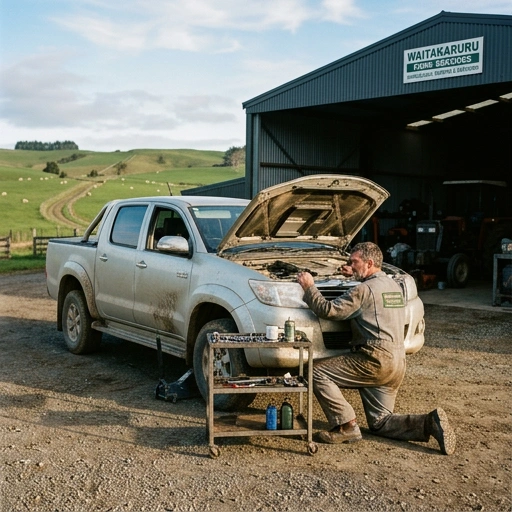 Mechanic servicing a ute on a flat dairy farm driveway typical of the Hauraki Plains