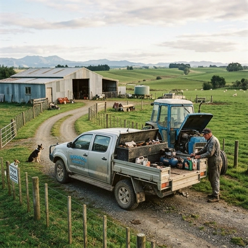 Mobile mechanic servicing a ute parked on a farm driveway in Waitakaruru with dairy farm landscape