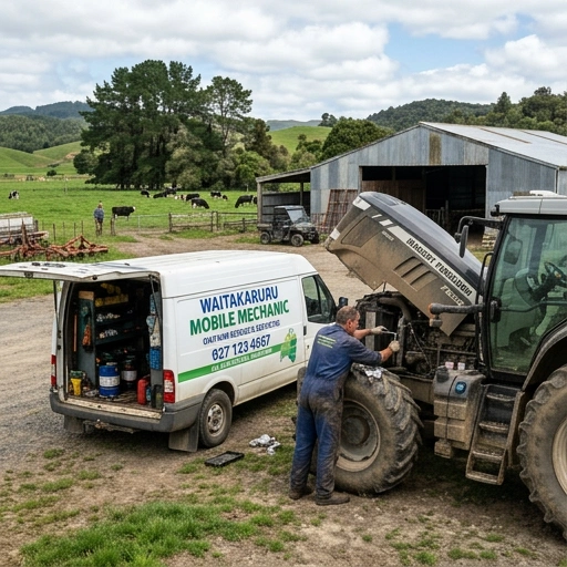 Mobile mechanic working on a ute parked on a farm driveway surrounded by dairy cattle
