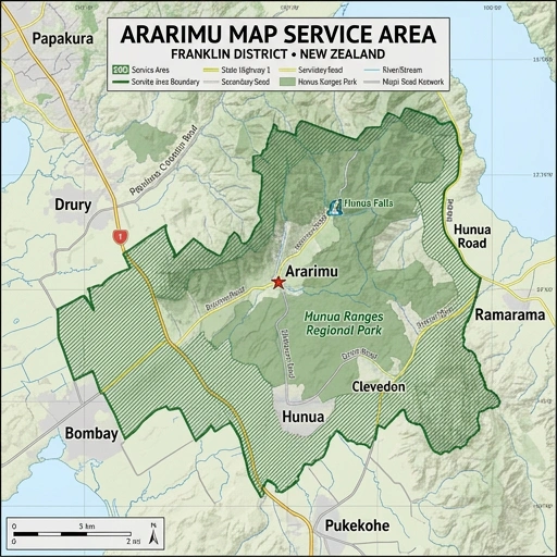 Map showing mobile mechanic service area from Māngere to Ararimu rural locality