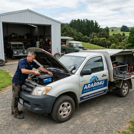 Mobile mechanic replacing a car battery on a farm ute parked outdoors with farmland visible