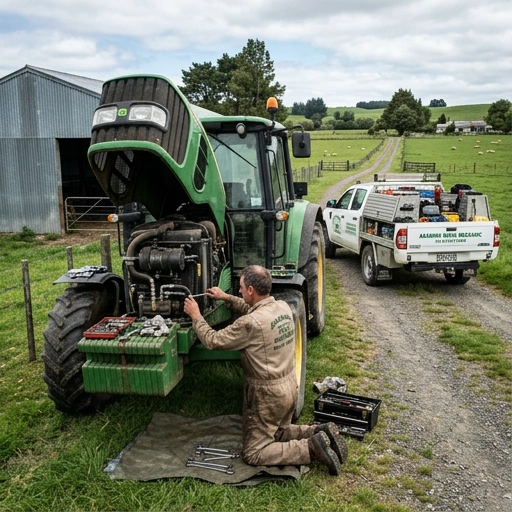 Mobile mechanic repairing a farm ute on a rural gravel driveway with hills in the distance