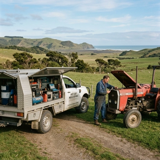 Mobile mechanic servicing vehicle near farmland with Lake Wainamu and sand dunes in the background