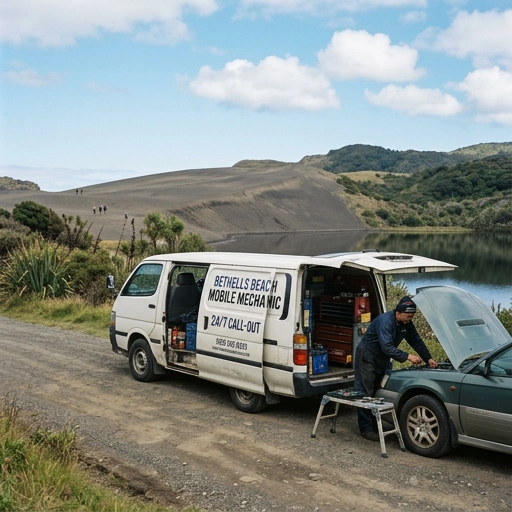 Mobile mechanic van parked near farmland with Lake Wainamu and sand dunes visible in the distance at Bethells Beach