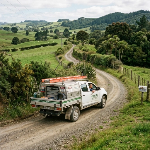 Mobile mechanic working on a ute parked near a rural laneway with Clevedon rolling green paddocks in the background