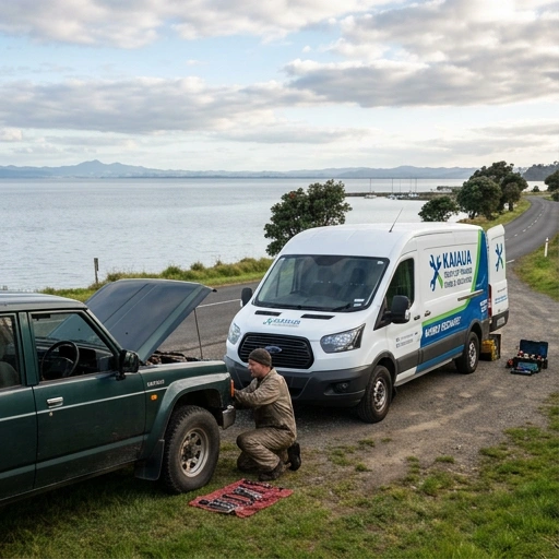 Mobile mechanic vehicle parked near the Firth of Thames coastline at Miranda with hot springs and shorebird centre in the background