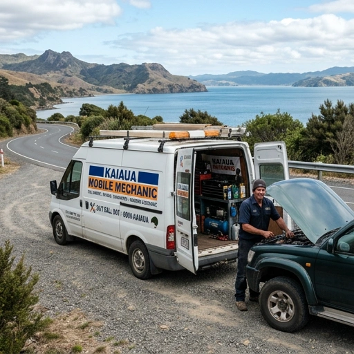 Mobile mechanic van with tools parked in a rural driveway in Kaiaua