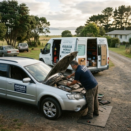 Mobile mechanic servicing a vehicle at a remote Anawhata coastal location