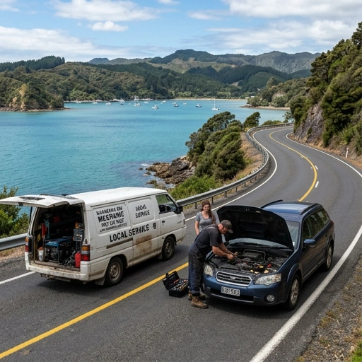 Mobile mechanic working on a car parked roadside with Kawakawa Bay coastal cliffs and sea in the background
