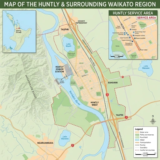 Map highlighting Huntly and surrounding Waikato service area for mobile mechanic