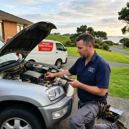 Mobile mechanic checking battery health on a boat towing vehicle in Maraetai driveway