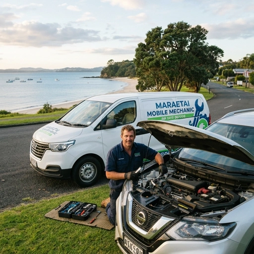 Mobile mechanic van parked with tools and mechanic servicing vehicle near Maraetai boat ramp