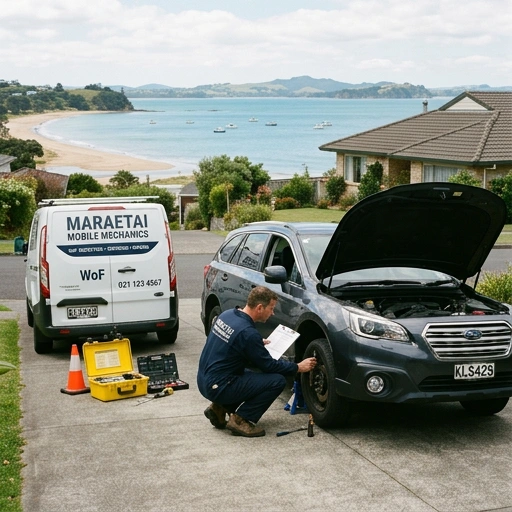 Mobile mechanic performing WOF inspection on a vehicle near Maraetai coast