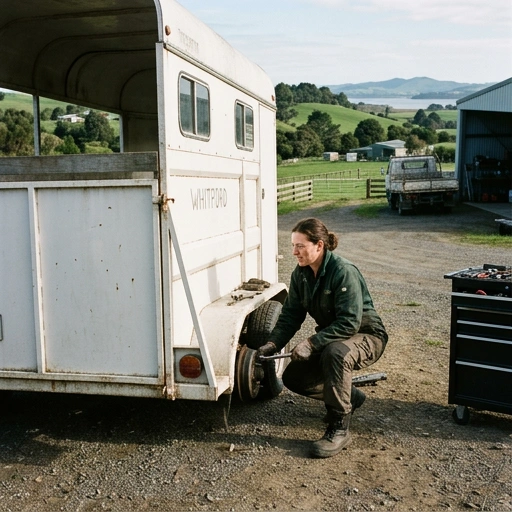 Mobile mechanic repairing a horse float in a Whitford rural driveway with paddocks and fencing