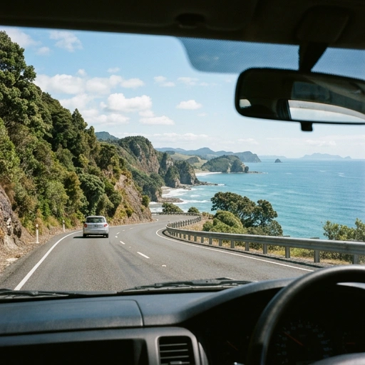View of narrow gravel road winding along Karekare coast with cliffs and black sand beach