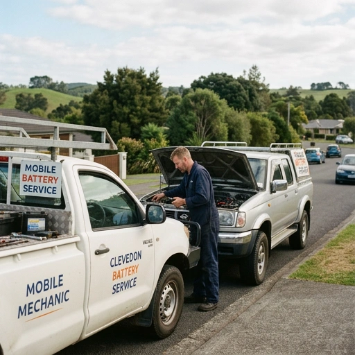 Mobile mechanic replacing a vehicle battery on a ute in a rural Clevedon setting