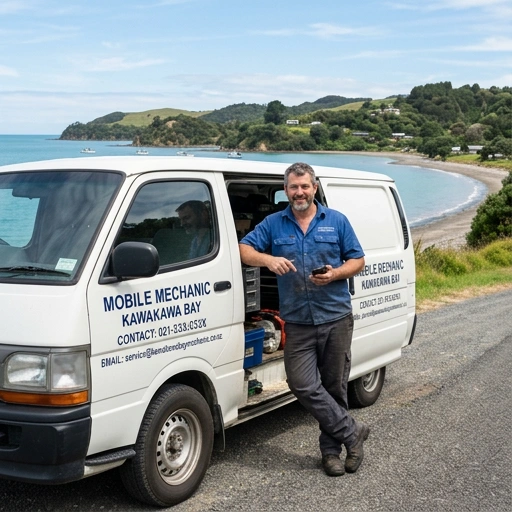 Mobile mechanic van parked near Kawakawa Bay coastal road with mechanic ready to assist