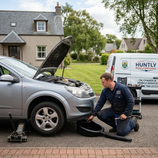 Mobile mechanic performing an oil change on a car in a Huntly driveway