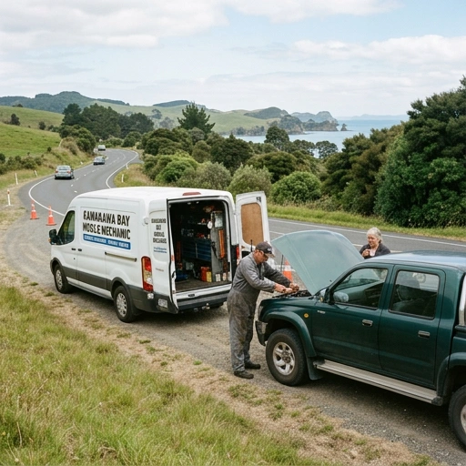 Mobile mechanic performing diagnostics on a vehicle parked beside Kawakawa Bay coastal road