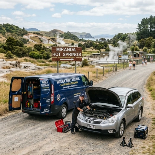 Mobile mechanic van parked near Miranda hot springs and shorebird coast with mechanic preparing tools