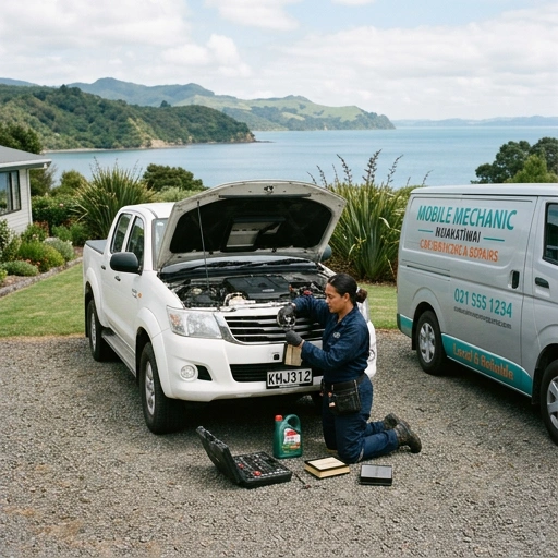 Mobile mechanic performing car servicing on a driveway in Whakatīwai
