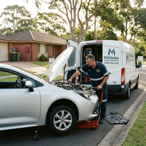 Mobile mechanic performing vehicle diagnostics at Bethells Beach farm driveway