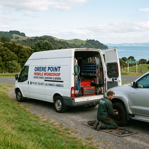 Mobile mechanic performing vehicle servicing on a car at Orere Point with tools and equipment
