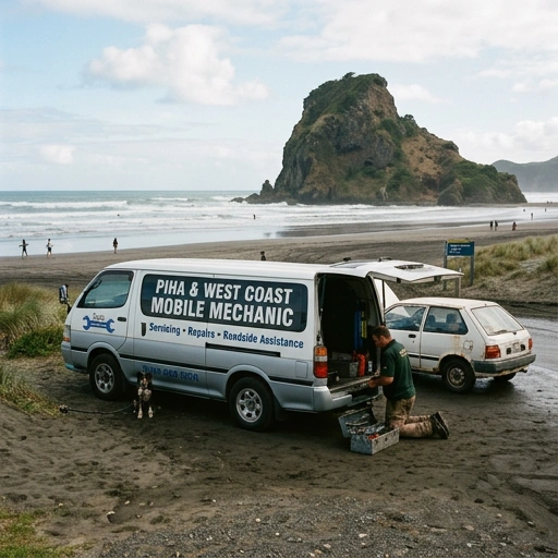 Mobile mechanic van parked on gravel road with Karekare black sand beach and cliffs in the background