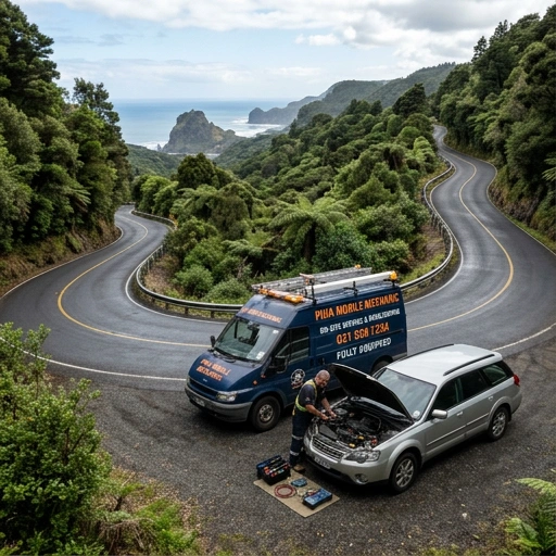 Narrow winding Piha Road with a car driving carefully