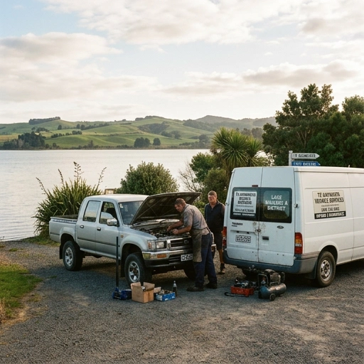 Car parked near Lake Waikare with mobile mechanic performing vehicle check