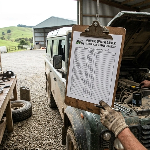 Checklist and vehicle maintenance tools on a rural property in Whitford
